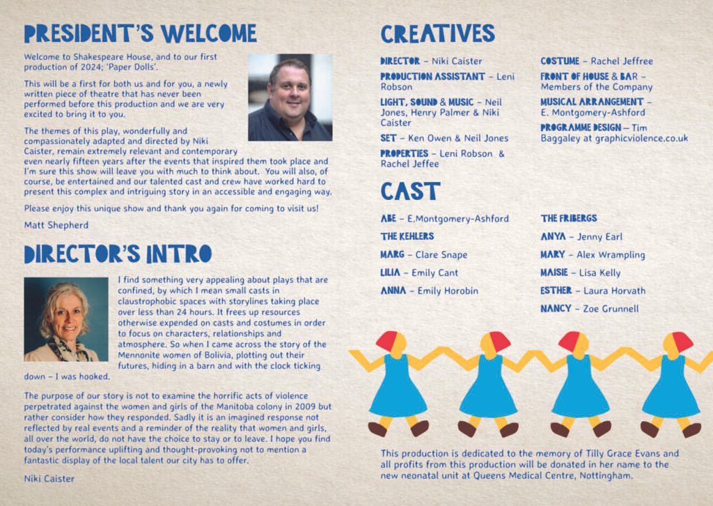 Programme centrespread for Derby Shakespeare Theatre Company's production of 'Paper Dolls'