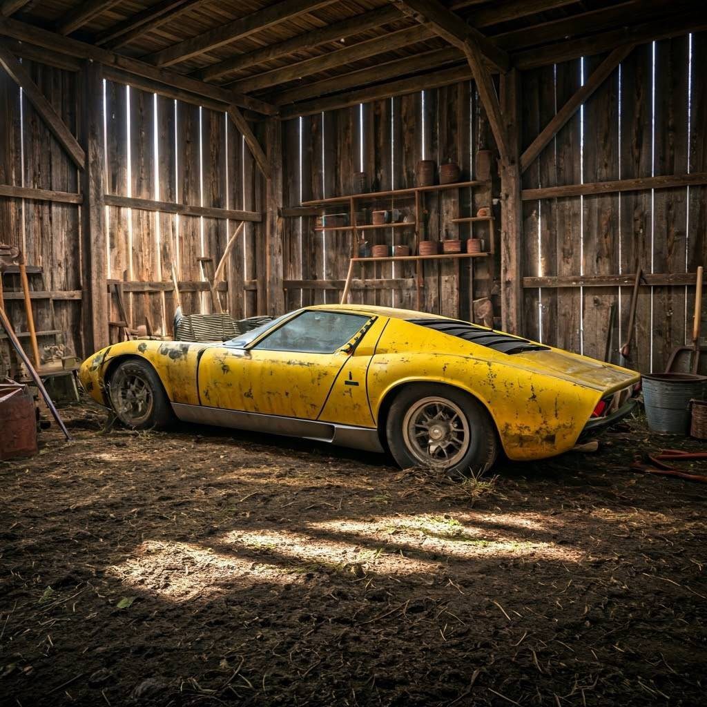 An AI-generated image of a Lamborghini Miura barn find